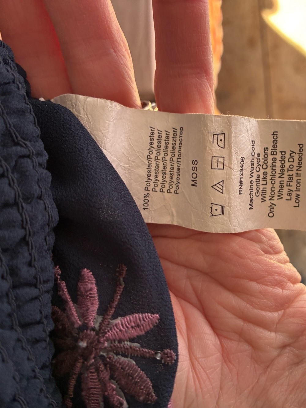 VENUS Embroidered Navy Peasant Top with Lavender Accents M - Picture 8 of 13
